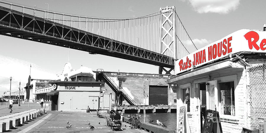 Reds Java House and The Bay Bridge in San Francisco Embarcadero Black and White and Red Panoramic Photograph by Wingsdomain Art and Photography