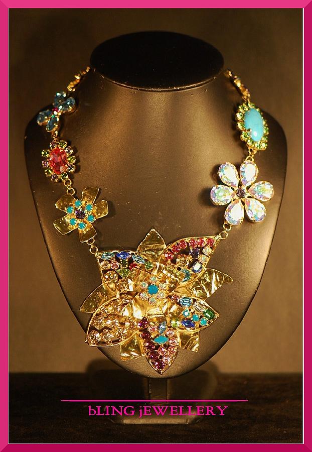 Flower Jewelry - REDUCED Large Foiled Flower Multi Coloured Encrusted Necklace by Janine Antulov