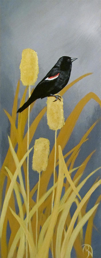 Redwing Black Bird in Grasses Painting by Renee Noel