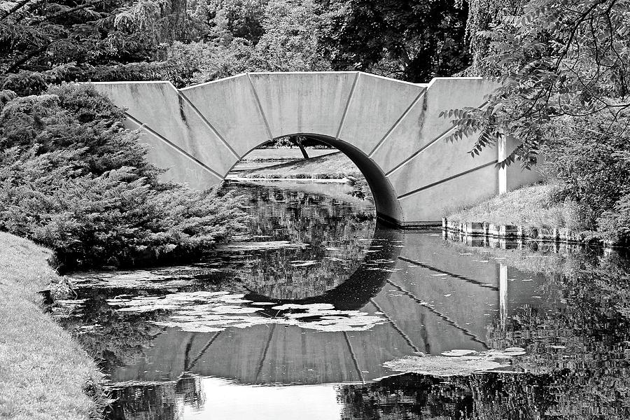 Reflecting Bridge Dow Gardens BW 062618 Photograph by Mary Bedy