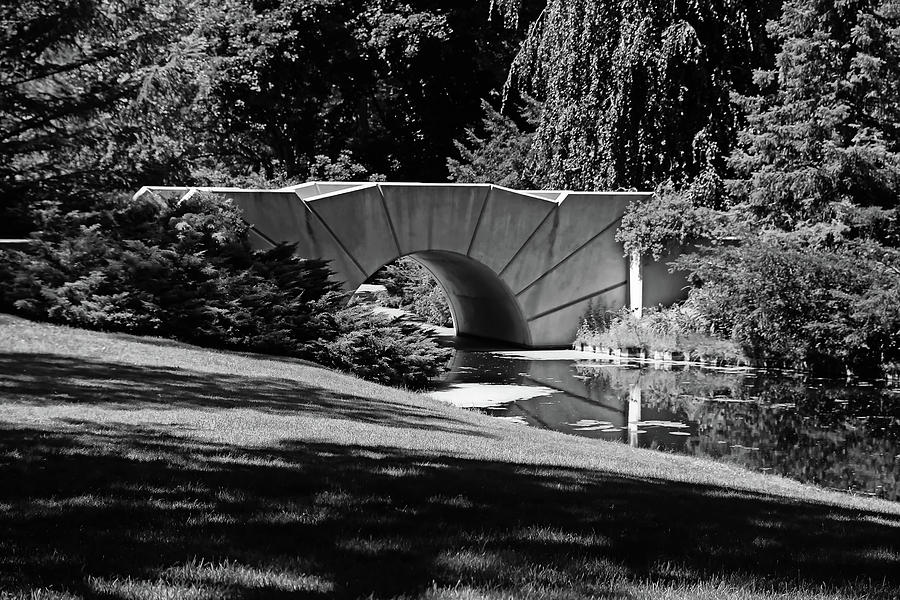Reflecting Bridge Dow Gardens BW Photograph by Mary Bedy