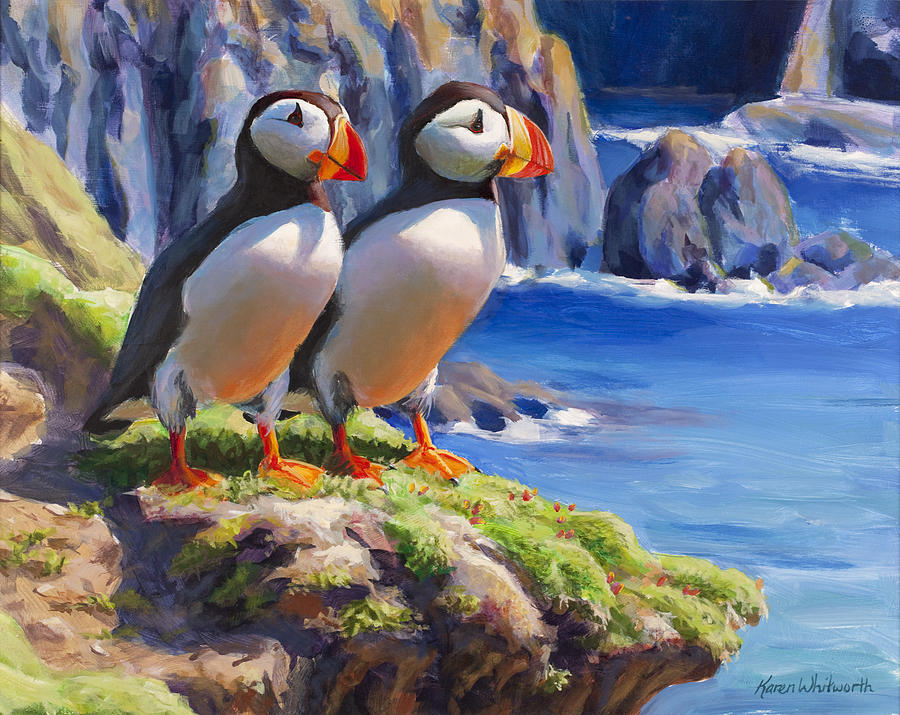 Seascape Painting - Horned Puffin Painting - Coastal Decor - Alaska Wall Art - Ocean Birds - Shorebirds by K Whitworth