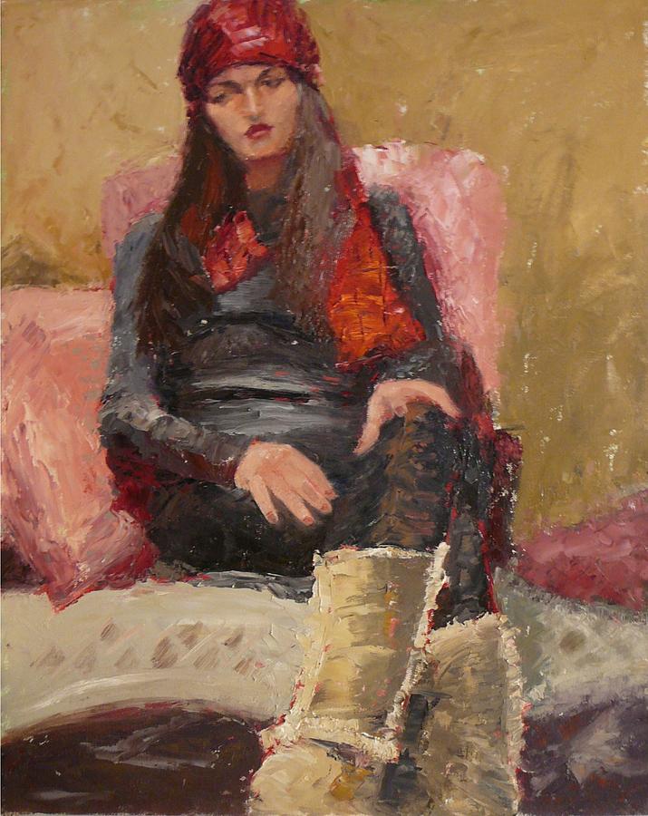 Girl Painting - Reflecting in Red Scarf by Irena  Jablonski