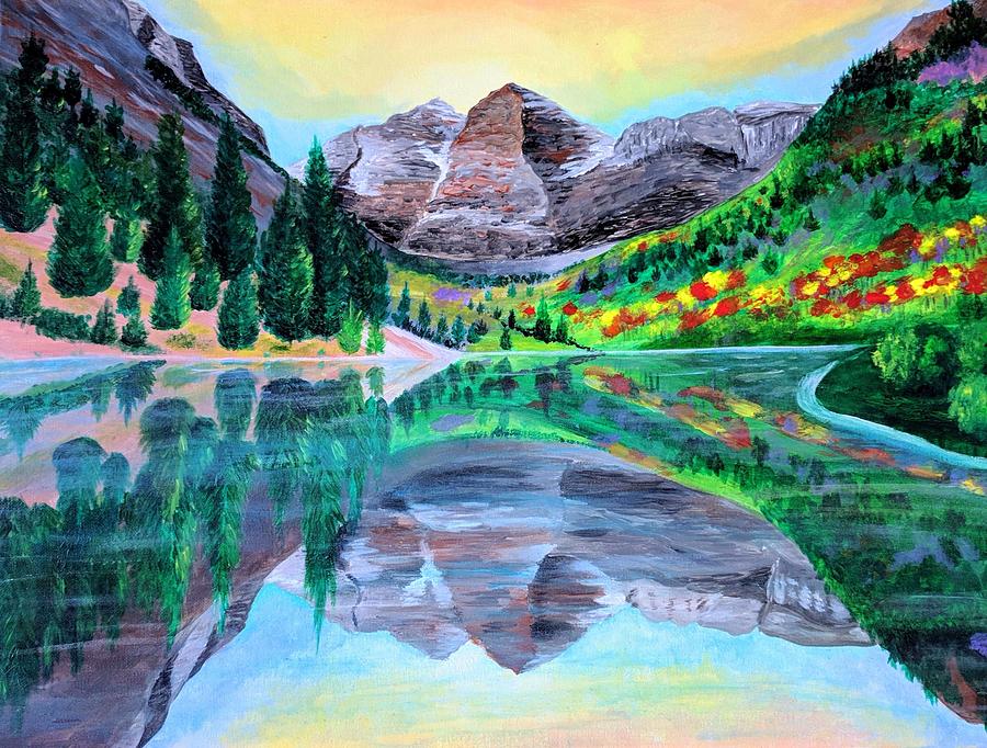 Mountain Painting - Reflecting Maroon Bells by Stephanie Brown