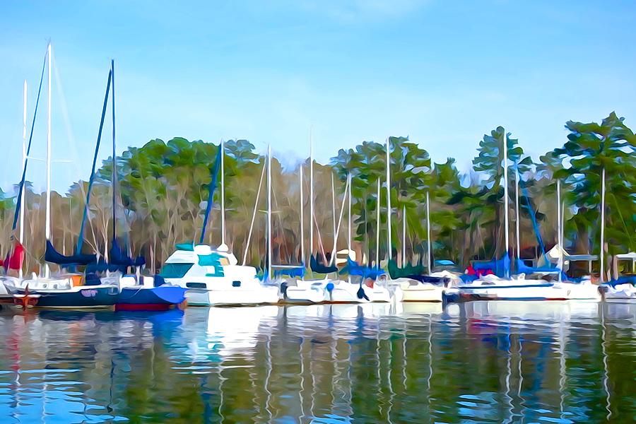 Boat Photograph - Reflecting the masts - watercolor style by Norma Brock