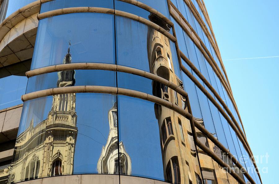 Reflection of cathedral on modern building windows Belgrade Serbia Photograph by Imran Ahmed