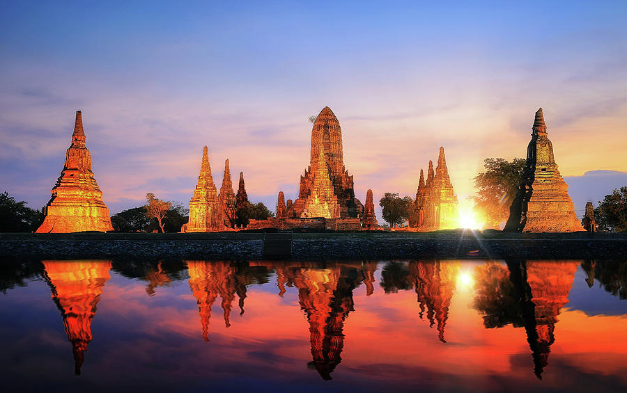 Reflection of pagoda and old temple in Ayutthaya ancient city pa Photograph by Anek Suwannaphoom