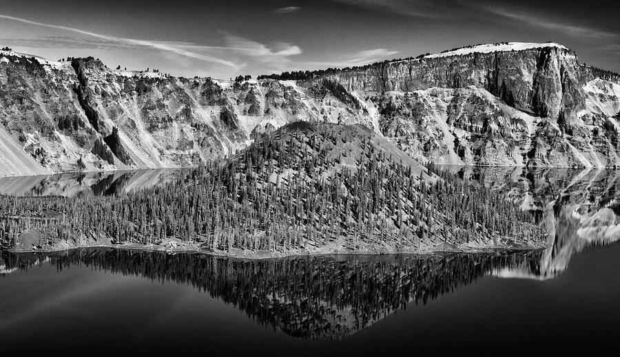 Reflection Of Wizard Island Crater Lake B W Photograph