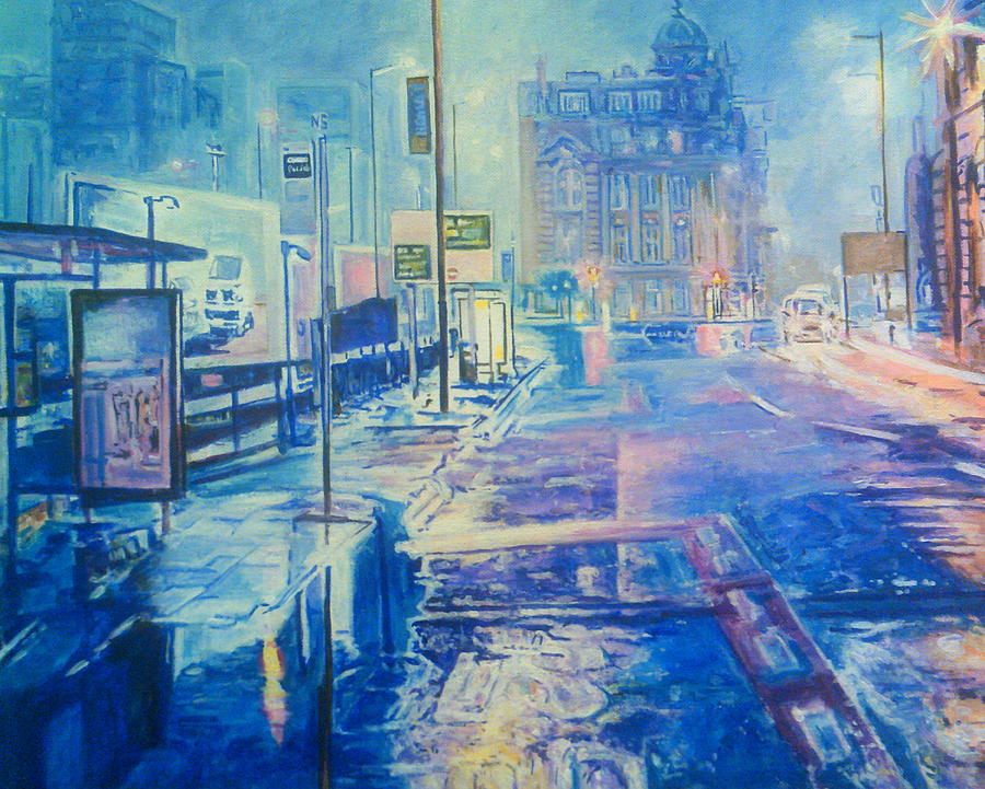 Reflections At Night In Manchester Painting by Rosanne Gartner