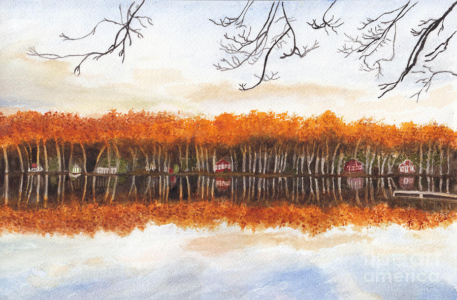 Reflections at Sunrise on Bitely Lake Painting by Conni Schaftenaar