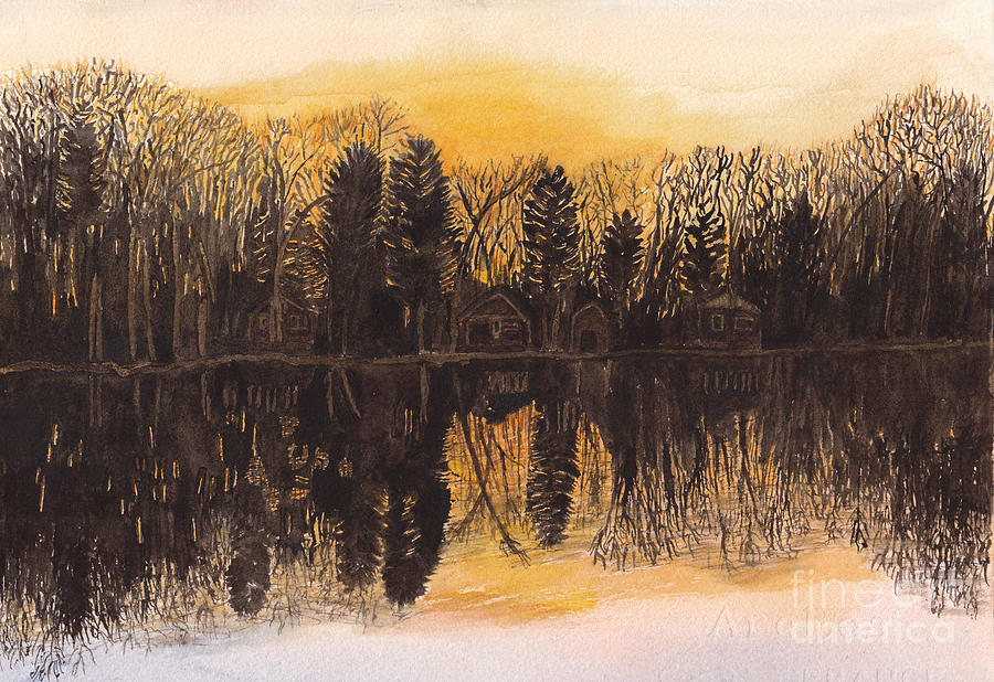 Reflections at Sunset on Bitely Lake Painting by Conni Schaftenaar