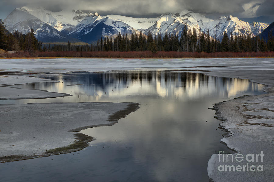 Reflections Betwen The Vermilion Lakes Ice Photograph by Adam Jewell