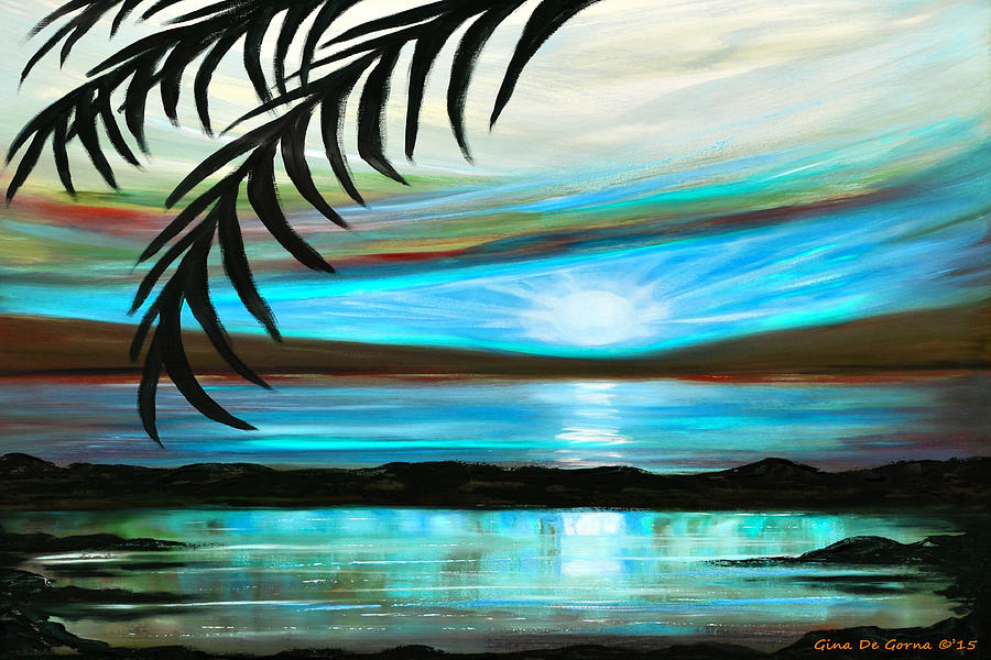 Reflections in Teal - Landscape Sunset Painting by Gina De Gorna