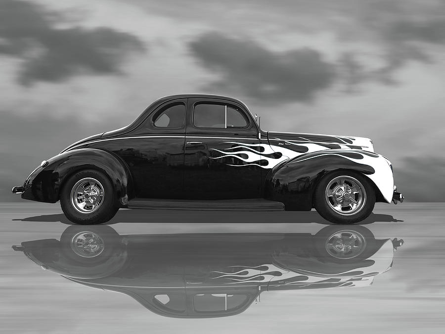 Reflections Of a 1940 Ford Deluxe Hot Rod with Flames in Black and White Photograph by Gill Billington