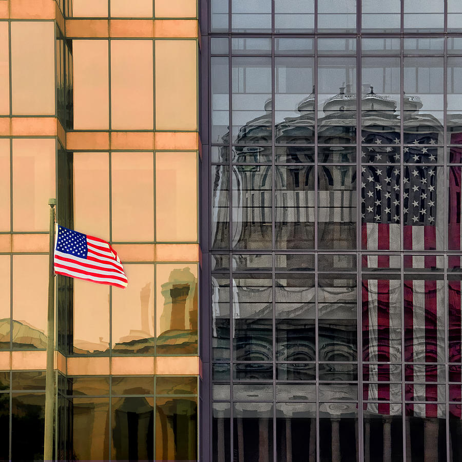 Reflections of the Capitol and U. S. Flags - Columbus, Ohio Photograph by Mitch Spence
