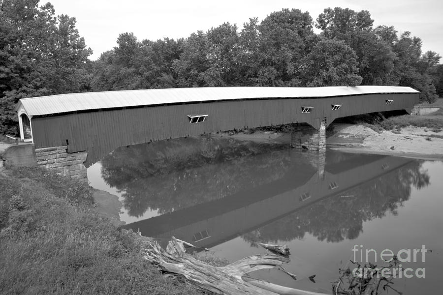 Reflections Of The West Union Covered Bridge Black And White Photograph by Adam Jewell