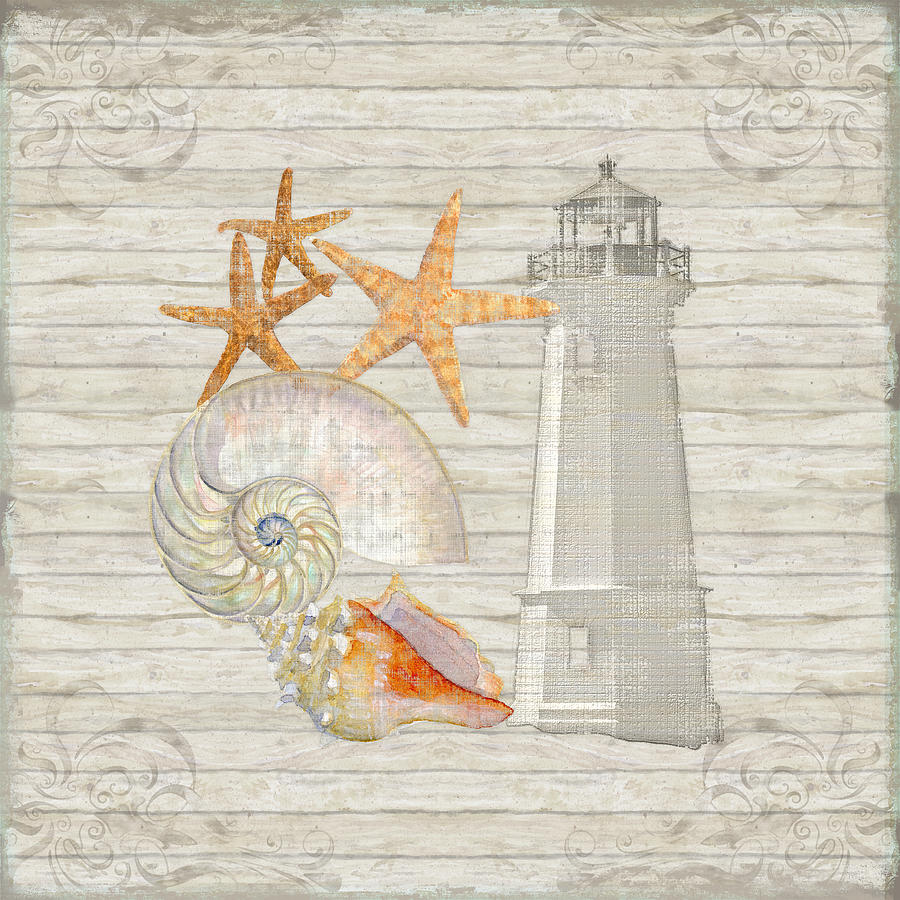 Lighthouse Painting - Refreshing Shores - Lighthouse Starfish Nautilus n Conch over driftwood background by Audrey Jeanne Roberts