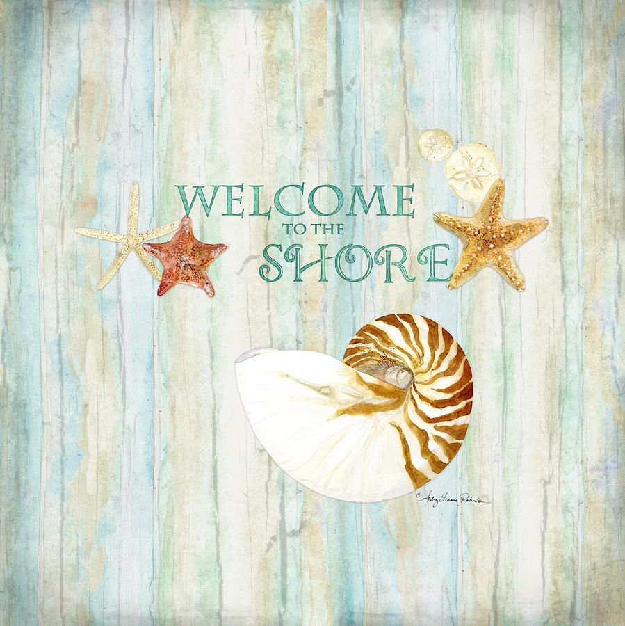 Refreshing Shores - Lighthouse Starfish Nautilus Sand Dollars over driftwood background Painting by Audrey Jeanne Roberts