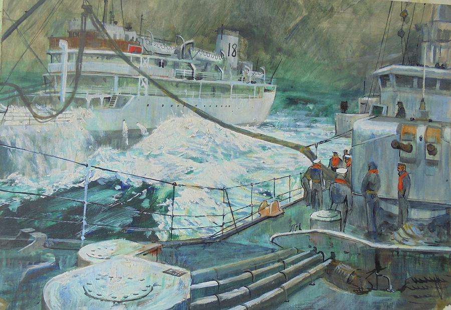 Refuelling at sea. Painting by Mike Jeffries