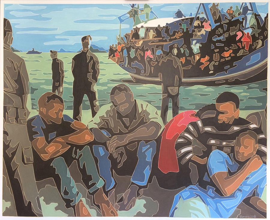 Refugee Boat Painting by Varvara Stylidou