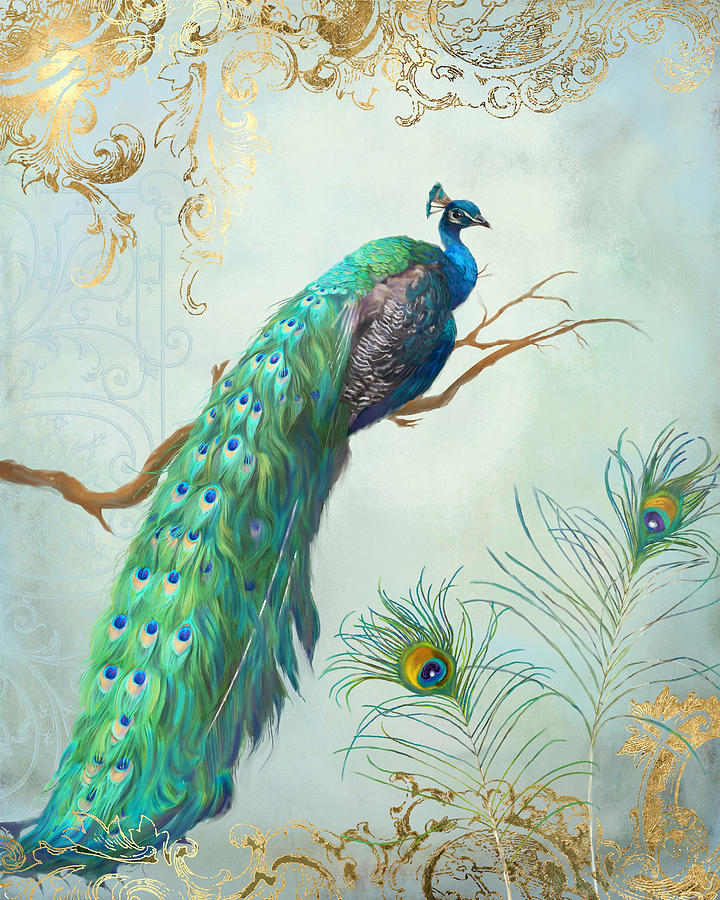 Peacock Tail Painting - Regal Peacock 1 on Tree Branch w Feathers Gold Leaf by Audrey Jeanne Roberts