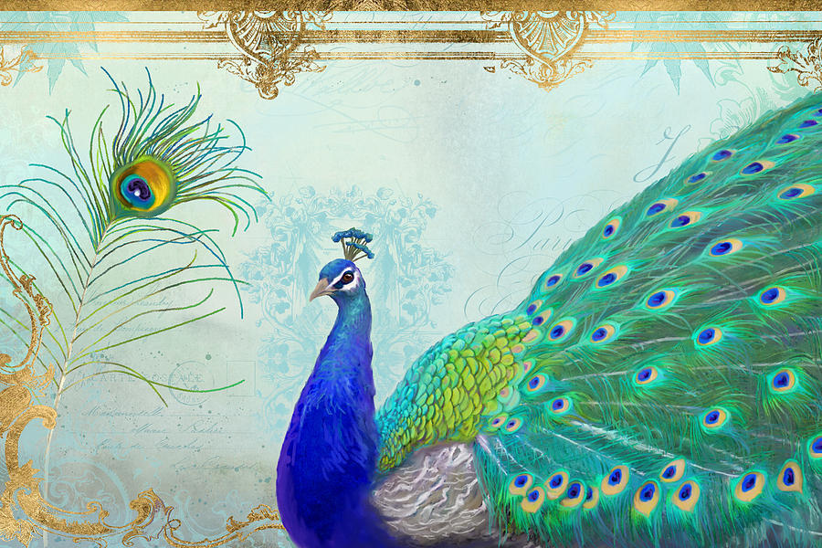 Regal Peacock 2 w Feather n Gold Leaf French Style Painting by Audrey Jeanne Roberts