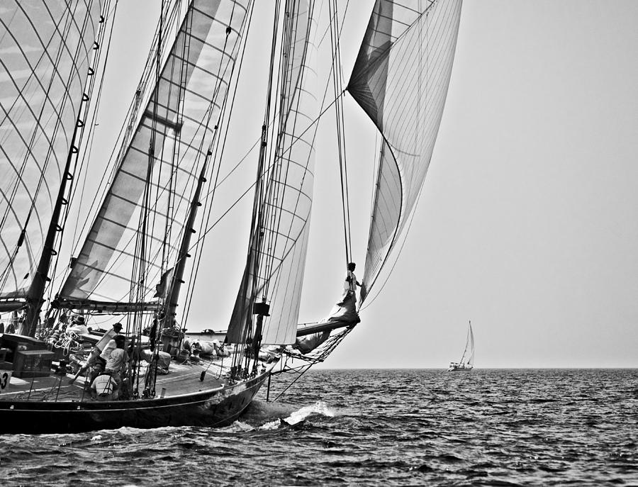 Regatta heroes in a calm mediterranean sea in black and white Photograph by Pedro Cardona Llambias