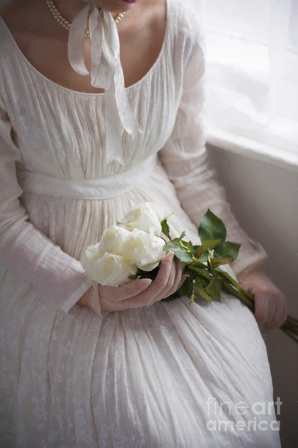 Regency Woman Holding A Bouquet Of White Roses Photograph by Lee Avison
