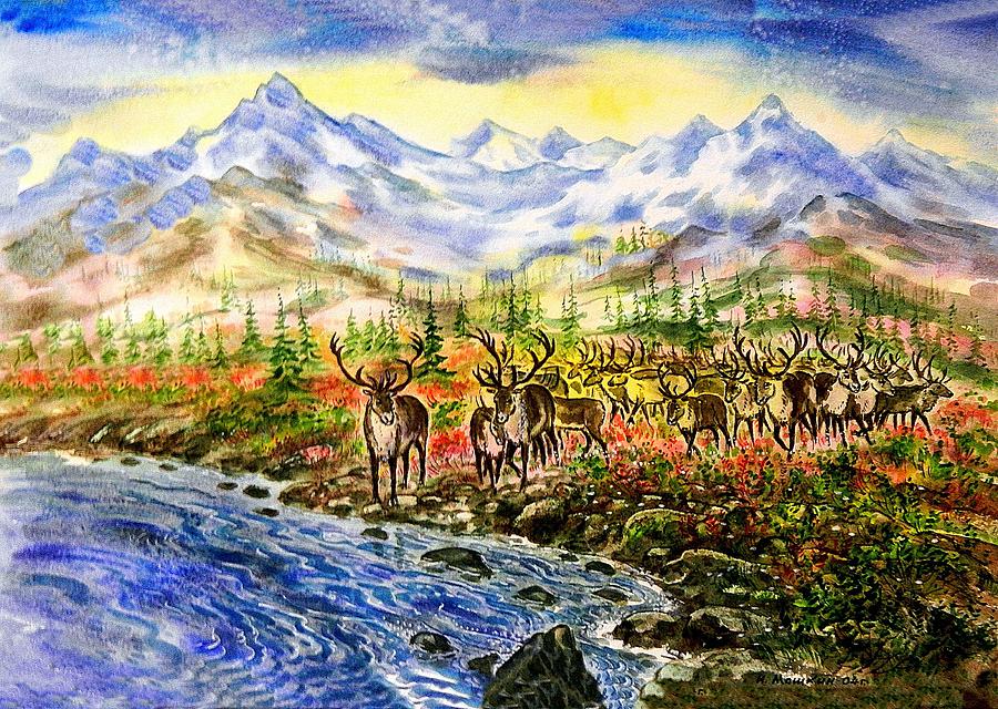 Wildlife Painting - Reindeer herd at the watering hole. by Igor Moshkin