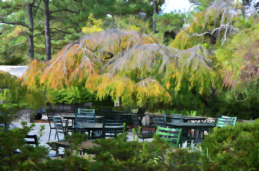 Relaxing ambiance outdoor space at the Norfolk Botanical Garden Cafe Painting by Jeelan Clark