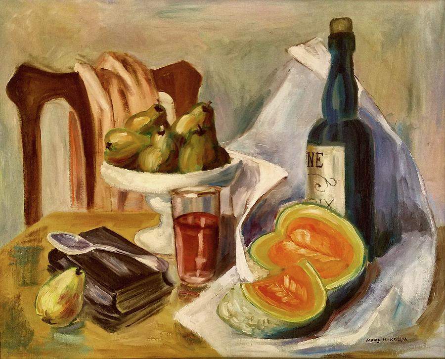 Relaxing with Wine Fruit and Books by Mary Krupa Painting by Bernadette Krupa