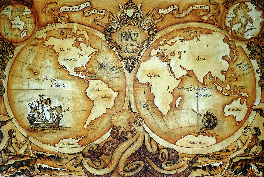 Release the Kraken - A New Map of the World Painting by Kayla Koeune