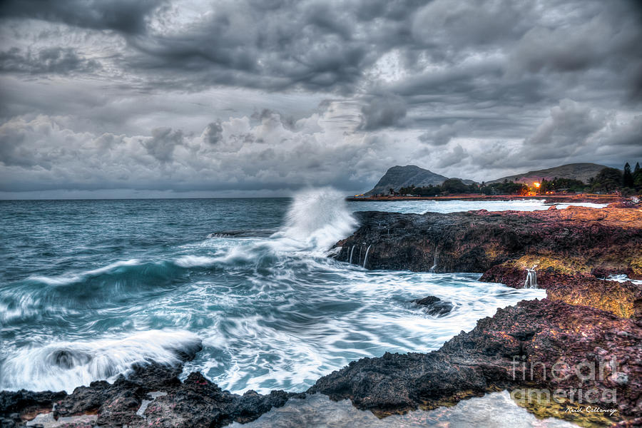 Relentless Splash Oahu Stormy Sunset Hawaii Collection Art Photograph by Reid Callaway