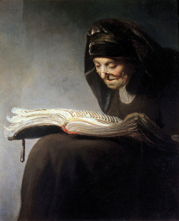 Rembrandts mother reading Painting by After Rembrandt