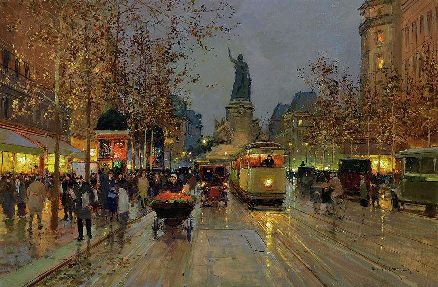 Paris Painting - Republic Square at night by Edouard Henri Leon Cortes