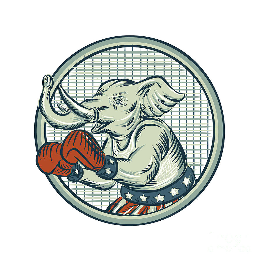 Vintage Digital Art - Republican Elephant Boxer Mascot Circle Etching by Aloysius Patrimonio
