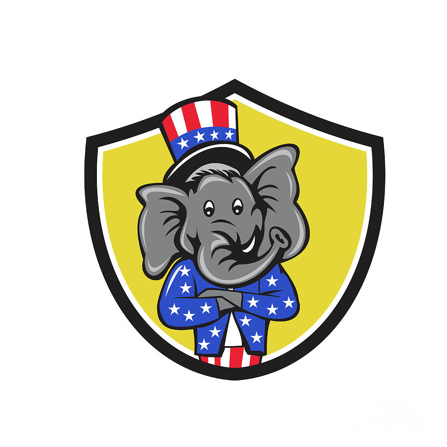 Wildlife Digital Art - Republican Elephant Mascot Arms Crossed Shield Cartoon by Aloysius Patrimonio
