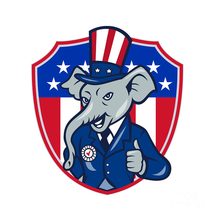 Elephant Digital Art - Republican Elephant Mascot Thumbs Up USA Flag Cartoon by Aloysius Patrimonio
