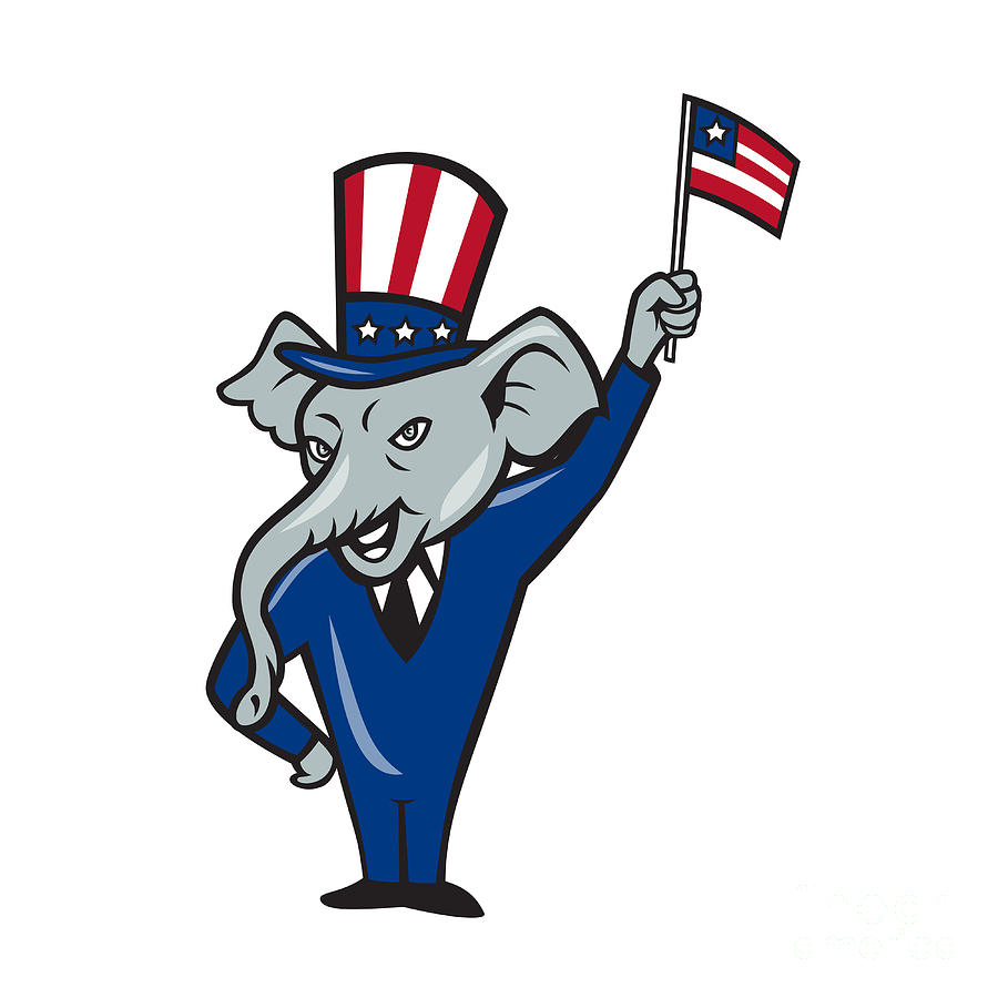 Elephant Digital Art - Republican Mascot Elephant Waving US Flag Cartoon by Aloysius Patrimonio