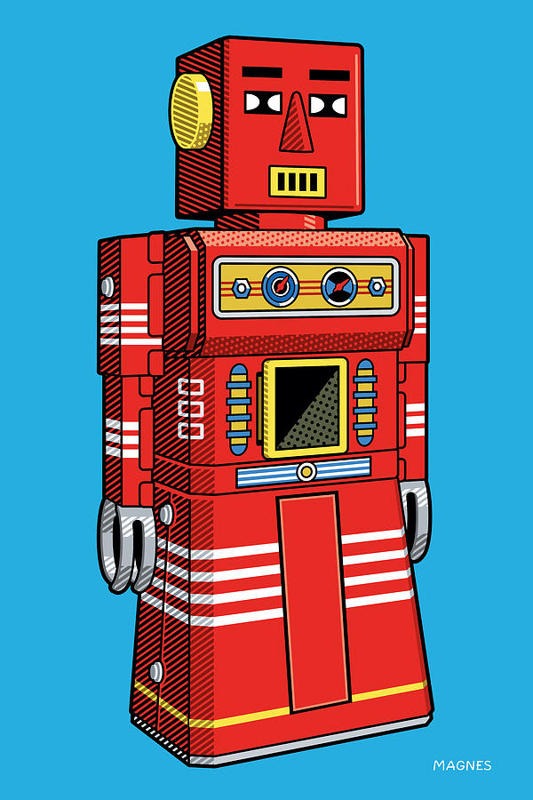 Space Digital Art - Red Robot Black Line by Ron Magnes