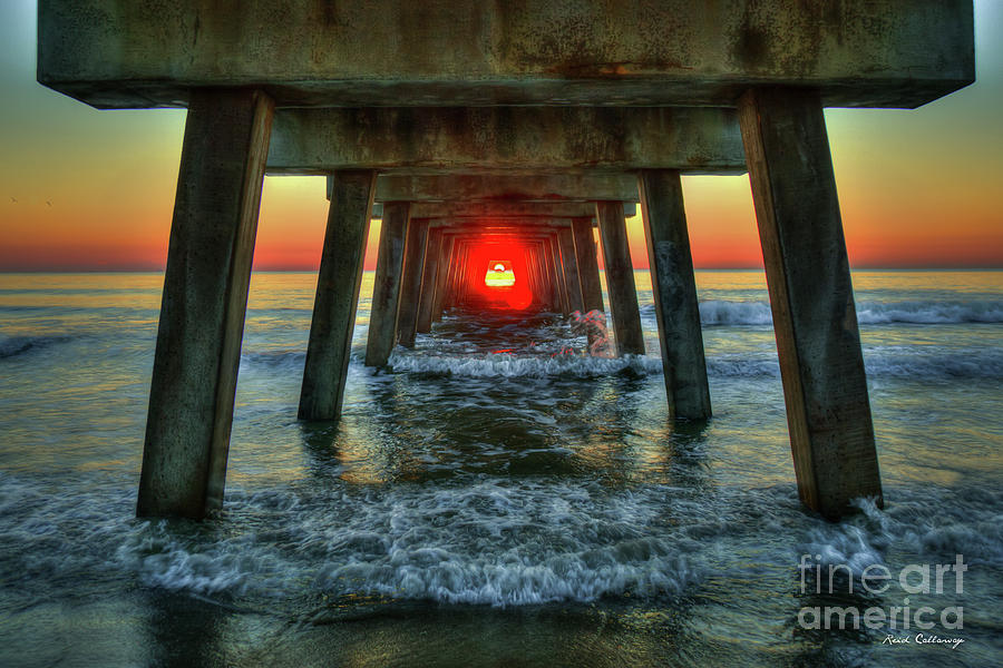 Resplendent Red Dot Tybee Island Pier Sunrise Seascape Art Photograph by Reid Callaway