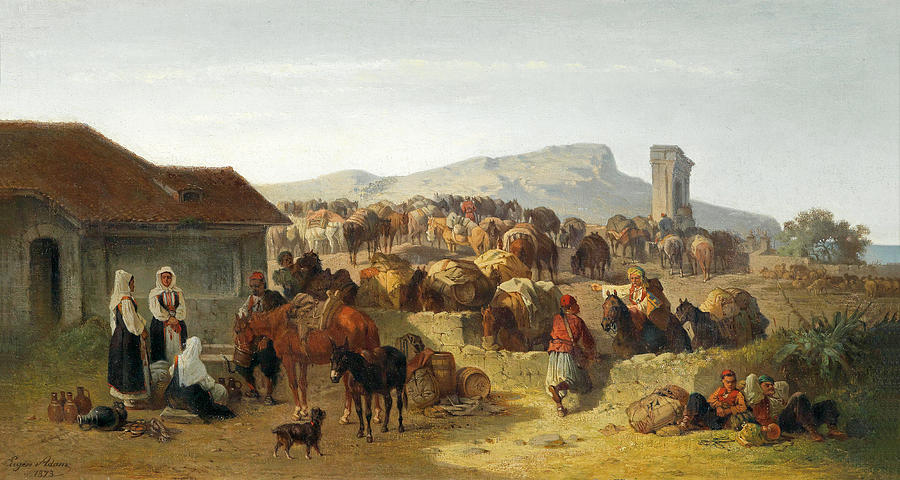 Animal Painting - Rest of merchants on a Dalmatian coast. Mule Caravan by Eugen Adam
