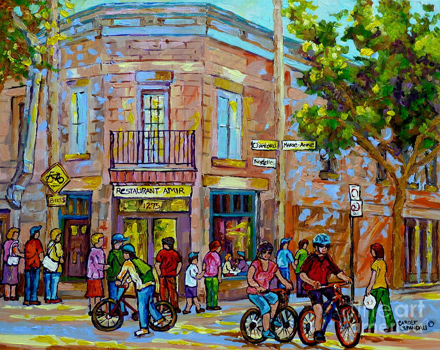 Restaurant Amir Montreal Street Summer City Scene Cycling A Bicycle Path Canadian Art Carole Spandau Painting by Carole Spandau
