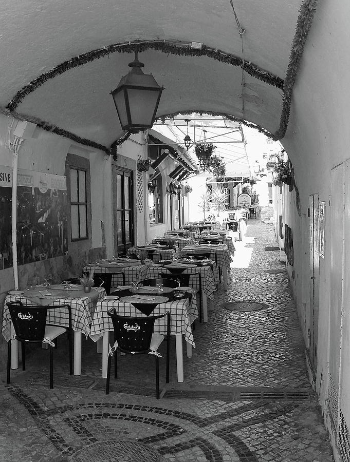 Restaurant in Portugal Monochrome Photograph by Jeff Townsend