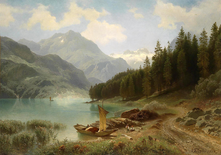 Resting by the Mountain Lake Painting by August Friedrich Kessler