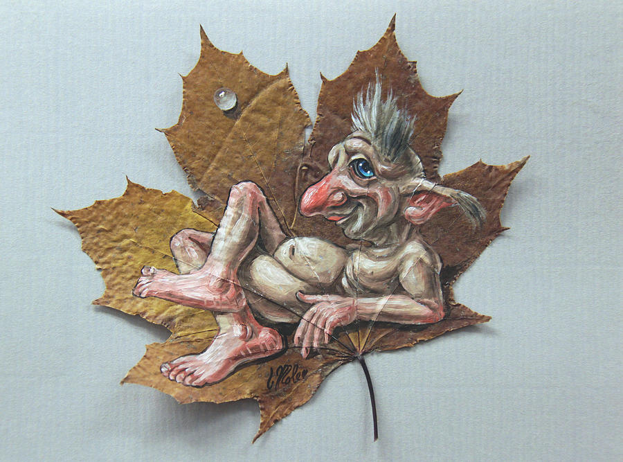 Resting Troll on a Maple Leaf Painting by Victor Molev