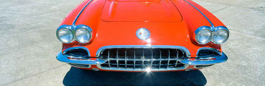 Car Photograph - Restored Red 1959 Corvette, Front by Panoramic Images