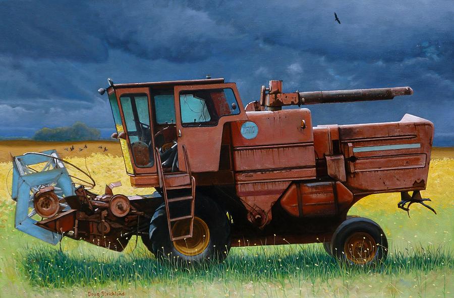 Retired Combine Awaiting A Storm Painting by Doug Strickland