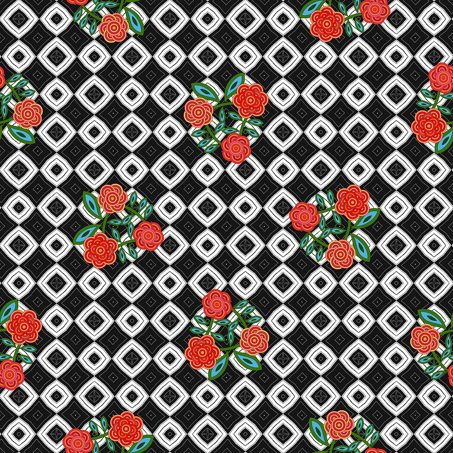 Retro geometric black white fractal pattern with red flowers by Lenka Rottova Retro geometric black white fractal pattern with red flowers by Lenka Rottova