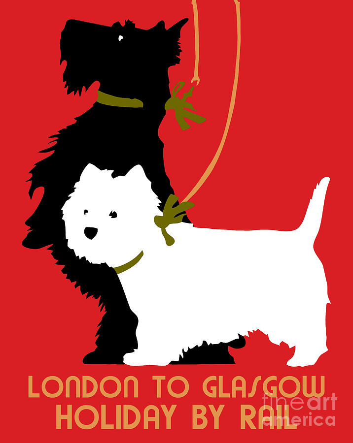 Vintage Digital Art - Retro London and Glasgow by train, dogs terriers  by Heidi De Leeuw